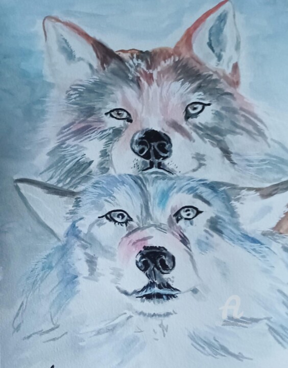 Картина под названием "Les huskies" - Christel, Подлинное произведение искусства, Акварель