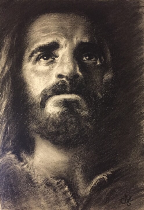 Dessin intitulée "Jésus parle à son p…" par Christel Alcala, Œuvre d'art originale, Fusain