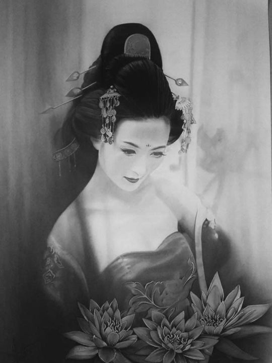 Dessin intitulée "La noble dame chino…" par Christel David, Œuvre d'art originale, Graphite