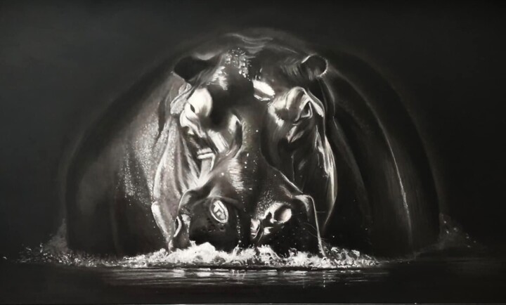 Schilderij getiteld "Hippopotame" door Christel David, Origineel Kunstwerk, Pastel