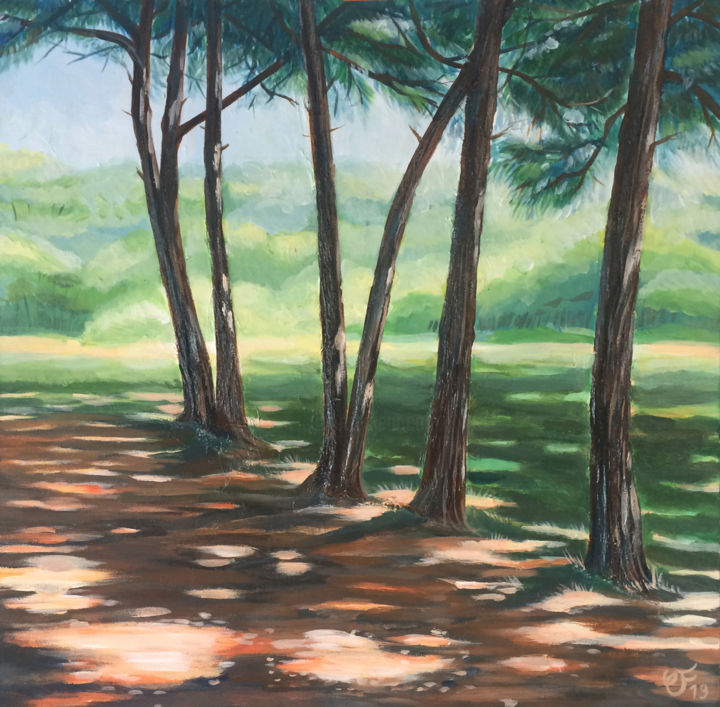 Peinture intitulée "A l'ombre des pins" par Christel Fréon, Œuvre d'art originale, Acrylique Monté sur Châssis en bois