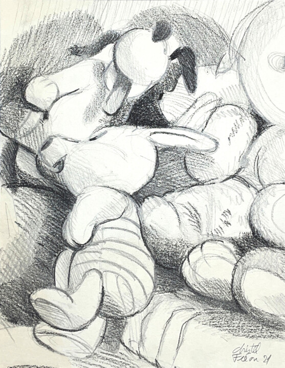 Drawing titled "Les vieux jouets" by Christel Fréon, Original Artwork, Graphite Mounted on Cardboard