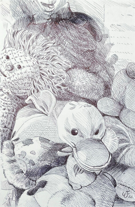 Pittura intitolato "Les peluches en vrac" da Christel Fréon, Opera d'arte originale, Biro Montato su Cartone