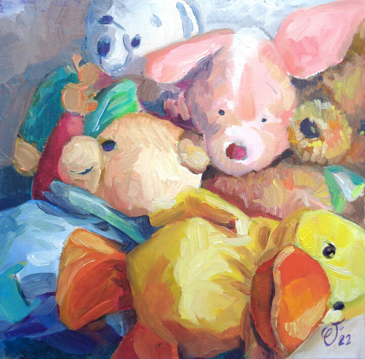 Painting titled "Les jouets oubliés" by Christel Fréon, Original Artwork, Oil Mounted on Cardboard