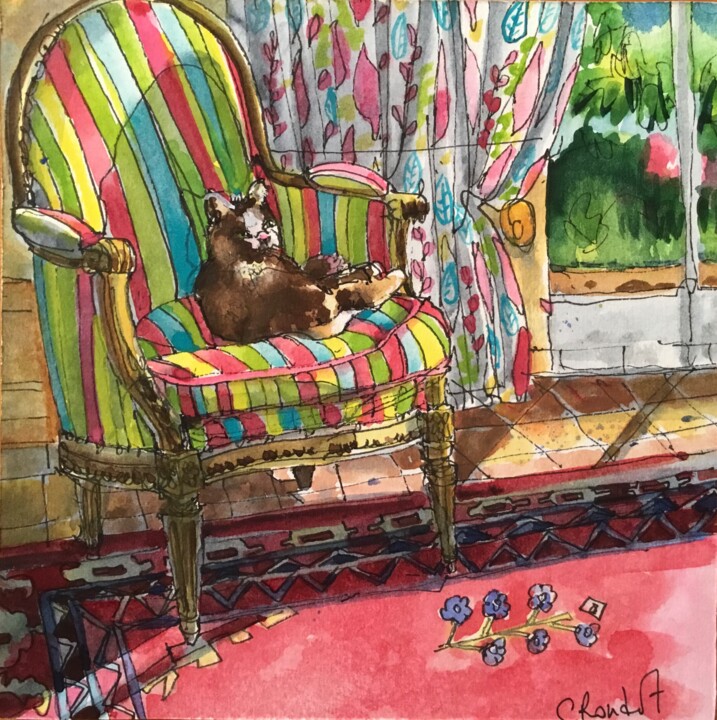 Painting titled "Mon chat" by Christele Rondot, Original Artwork, Watercolor Mounted on Cardboard