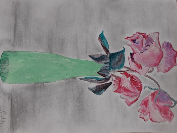 Peinture intitulée "Vase aux trois roses" par Christelle Carlton, Œuvre d'art originale, Acrylique