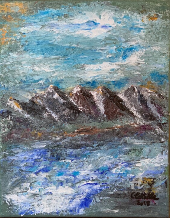 Painting titled "Paysage montagneux" by Christelle Cottrelle, Original Artwork, Acrylic Mounted on Wood Stretcher frame
