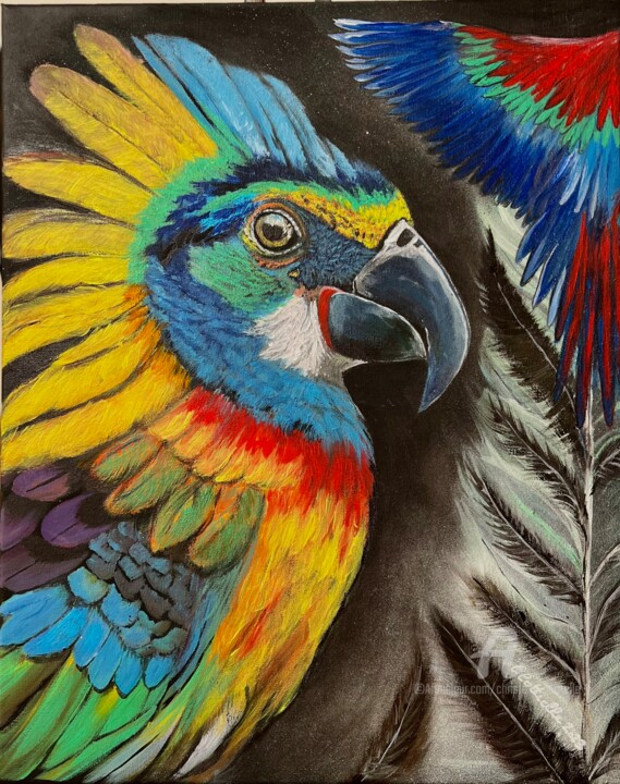 Painting titled "L’oiseau multicolore" by Christelle Cottrelle, Original Artwork, Acrylic Mounted on Wood Stretcher frame
