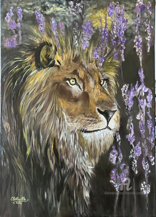 Painting titled "Sa majesté le lion" by Christelle Cottrelle, Original Artwork, Acrylic Mounted on Wood Stretcher frame
