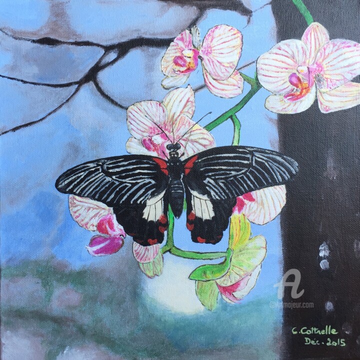 Painting titled "Peinture Papillon e…" by Christelle Cottrelle, Original Artwork, Acrylic Mounted on Wood Stretcher frame