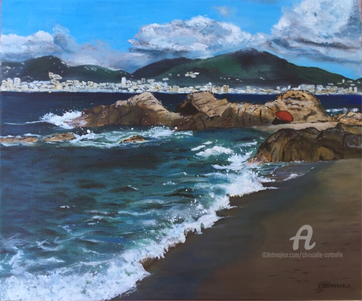 Painting titled "Plage de Porticcio" by Christelle Cottrelle, Original Artwork, Acrylic Mounted on Wood Stretcher frame