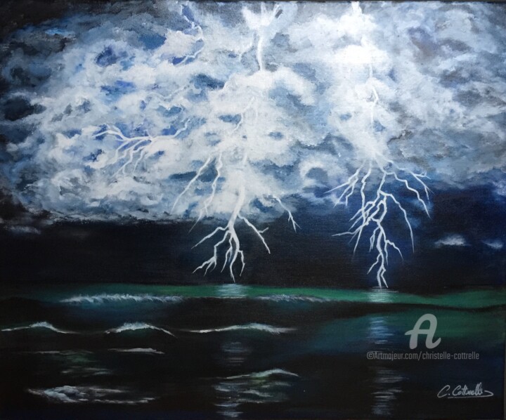 Peinture intitulée "Nuit orageuse en mer" par Christelle Cottrelle, Œuvre d'art originale, Acrylique