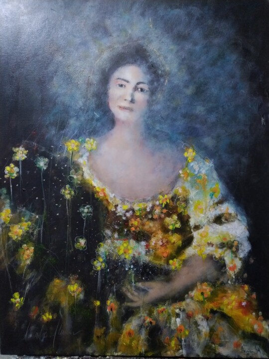 Peinture intitulée "Femme et fleurs" par Hervieu Christelle, Œuvre d'art originale, Acrylique Monté sur Châssis en bois