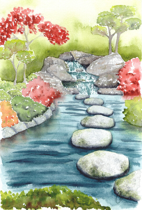 Peinture intitulée "Plan d'eau au jardi…" par Christelle Lachambre, Œuvre d'art originale, Aquarelle