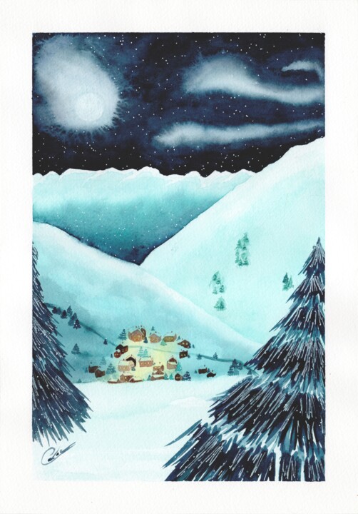 Pintura titulada "Village en montagne…" por Christelle Lachambre, Obra de arte original, Acuarela