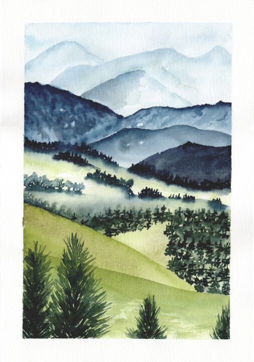 Pintura titulada "Montagne embrumée" por Christelle Lachambre, Obra de arte original, Acuarela