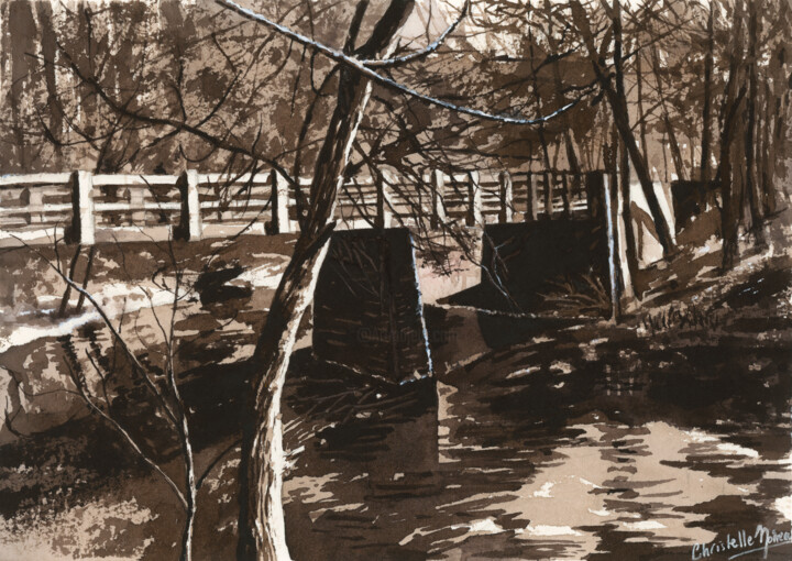 Pintura titulada "Puente en sepia" por Christelle Noireau, Obra de arte original, Acuarela