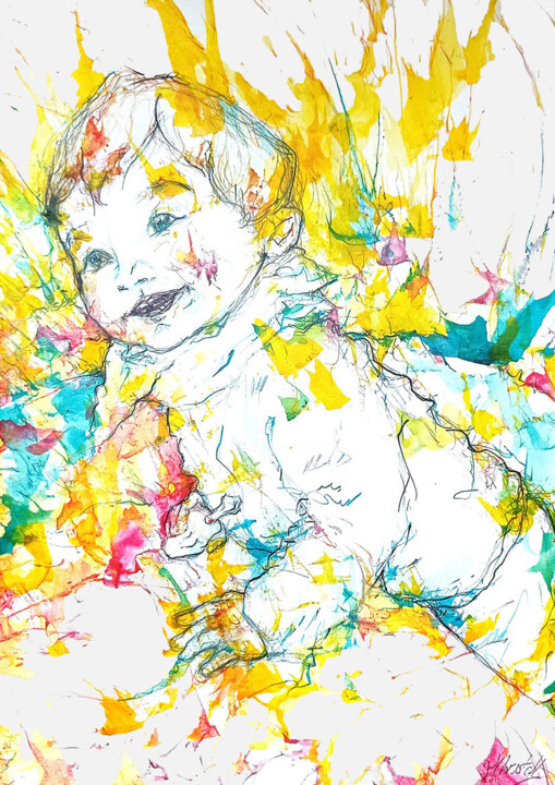 Peinture intitulée "Enfant joyeux" par Christelle Pensarini, Œuvre d'art originale, Encre