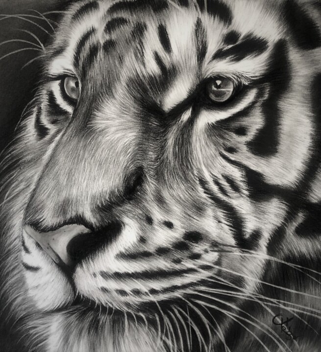 Drawing titled "Damon" by Christelle Rossi Ligouzat (Chris Rossi), Original Artwork, Charcoal Mounted on Wood Panel