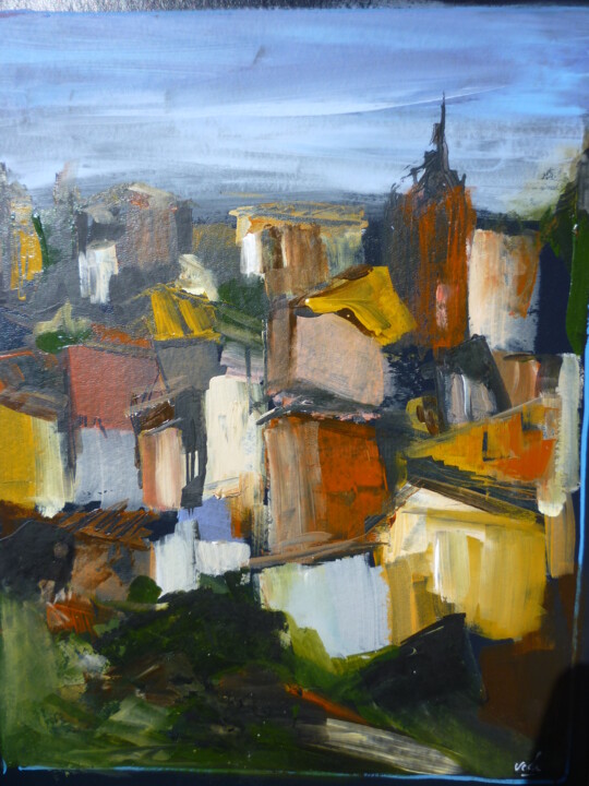 Peinture intitulée "Village de Provence…" par Christelle Veron Cherbonnier, Œuvre d'art originale, Acrylique