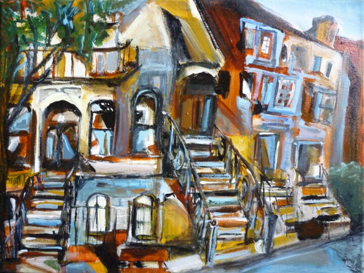 Painting titled "Les maisons Brownst…" by Christelle Veron Cherbonnier, Original Artwork, Acrylic Mounted on Wood Stretcher…