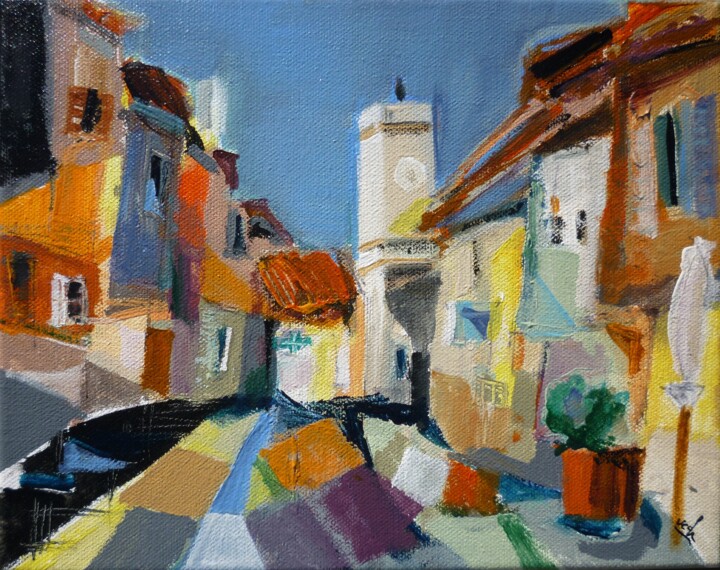 Pintura intitulada "Place de village" por Christelle Veron Cherbonnier, Obras de arte originais, Acrílico Montado em Armação…