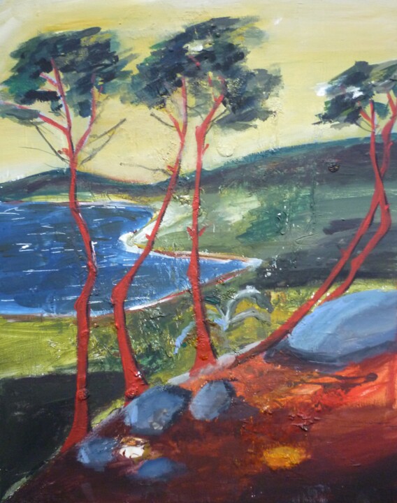 Malerei mit dem Titel "Les pins rouges 2" von Christelle Veron Cherbonnier, Original-Kunstwerk, Acryl Auf Keilrahmen aus Hol…