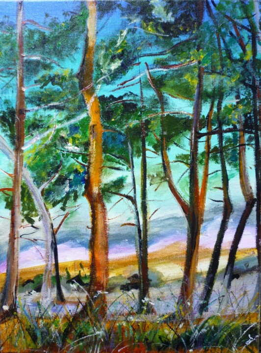 Painting titled "Les pins des Landes" by Christelle Veron Cherbonnier, Original Artwork, Acrylic Mounted on Wood Stretcher f…