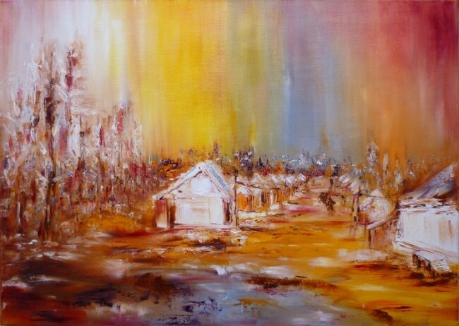 Painting titled "Chemin d'hiver" by Christelle Veron Cherbonnier, Original Artwork