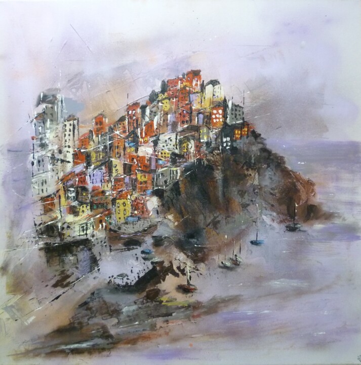 Peinture intitulée "Les Cinque Terre" par Christelle Veron Cherbonnier, Œuvre d'art originale