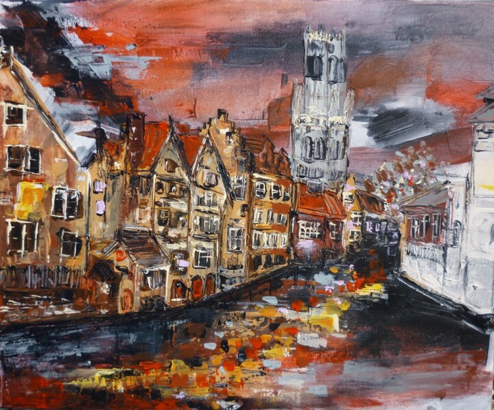 Painting titled "Soir de Bruges" by Christelle Veron Cherbonnier, Original Artwork