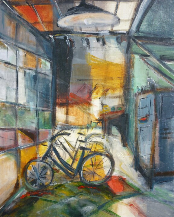 Painting titled "Le garage au vélo b…" by Christelle Veron Cherbonnier, Original Artwork, Acrylic