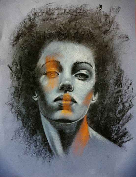 Рисунок под названием "Portrait contraste" - Christelle Fontenoy, Подлинное произведение искусства, Древесный уголь