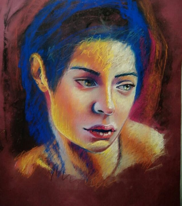 Dessin intitulée "Portrait couleurs" par Christelle Fontenoy, Œuvre d'art originale, Conté