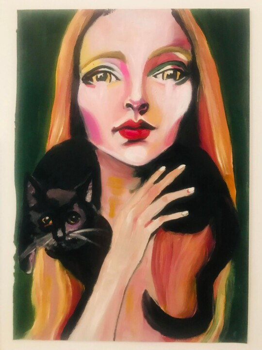 Painting titled "La femme et le Chat…" by Christelle Delorme, Original Artwork, Oil Mounted on Wood Panel