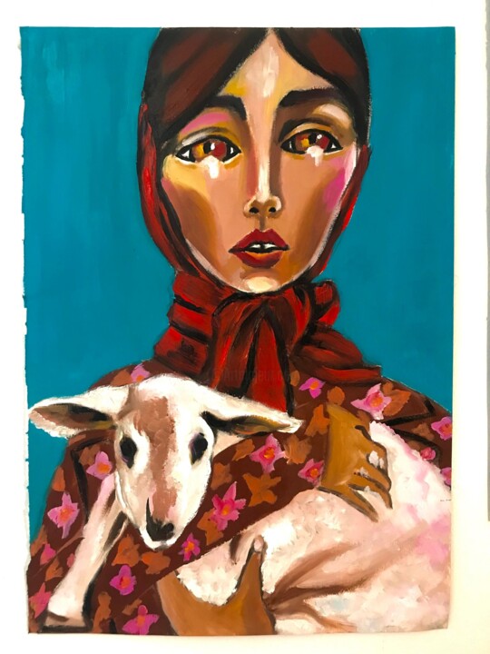 Peinture intitulée "La Femme et l'Agneau" par Christelle Delorme, Œuvre d'art originale, Huile Monté sur Autre panneau rigide