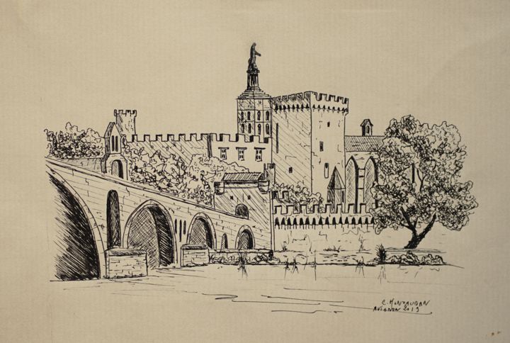 Dessin intitulée "Avignon cité des pa…" par Christel Montauban, Œuvre d'art originale, Encre