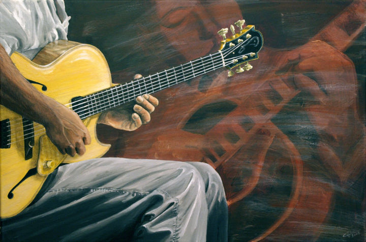 Djangolem - Painting,  40x60x2 cm ©2009 by Christian Assel -                                                          Photorealism, Canvas, Music, guitare, django