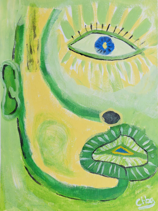 Painting titled "Visage vert 01" by Christian Bailly-Grandvaux, Original Artwork, Acrylic