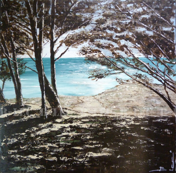 Painting titled "Vue sous les pins" by B-Lec, Original Artwork, Acrylic Mounted on Wood Stretcher frame