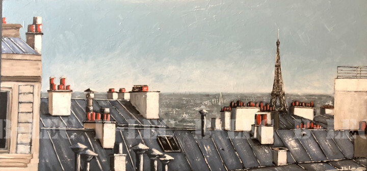 Painting titled "Les toits de Paris" by B-Lec, Original Artwork, Acrylic Mounted on Wood Stretcher frame