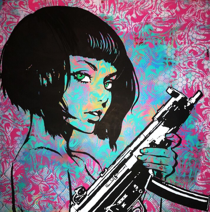 Painting titled "Girl with gun" by Christian Berger, Original Artwork, Acrylic Mounted on Wood Stretcher frame