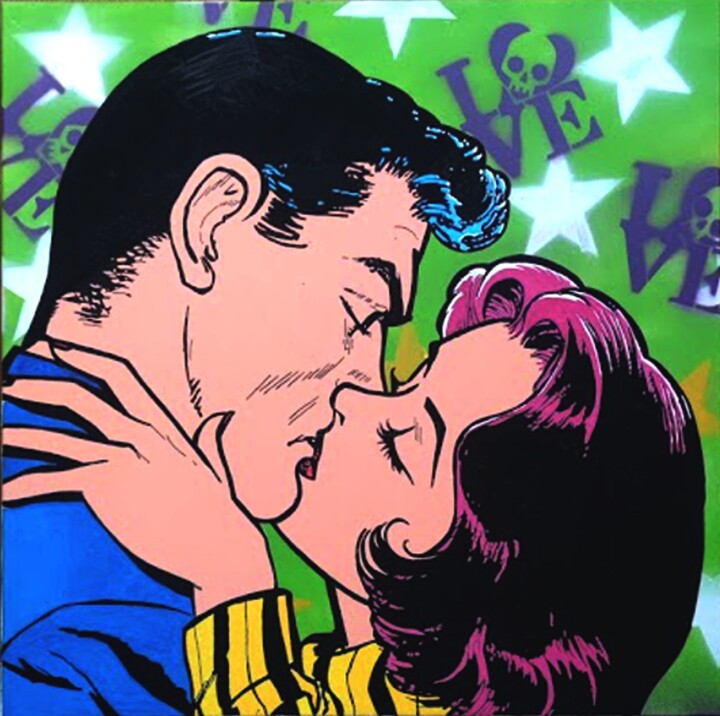 「Love Kiss」というタイトルの絵画 Christian Bergerによって, オリジナルのアートワーク, アクリル ウッドストレッチャーフレームにマウント