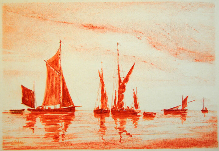 Drawing titled "Chalutiers à voile…" by Christian Biard, Original Artwork, Pastel