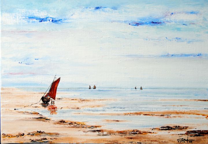 Schilderij getiteld "La voile rouge." door Christian Biard, Origineel Kunstwerk, Olie