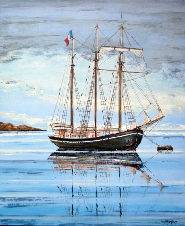 Painting titled "Goélette "Le Bel Es…" by Christian Biard, Original Artwork, Oil