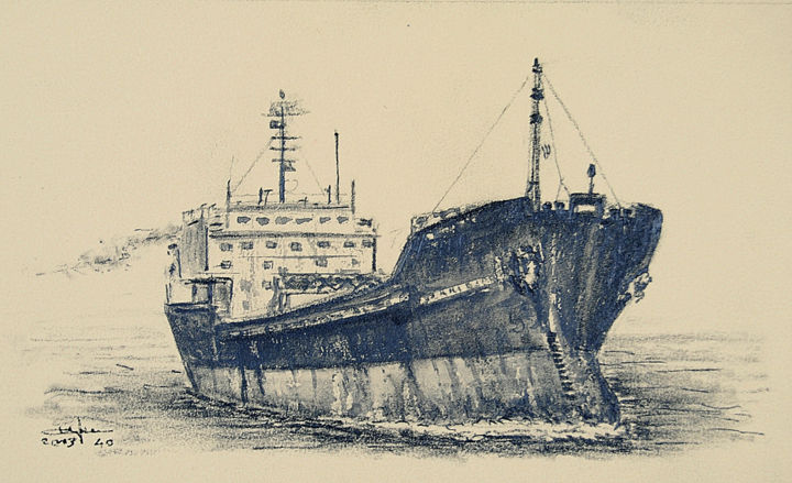 Dessin intitulée "Le vieux cargo." par Christian Biard, Œuvre d'art originale, Autre