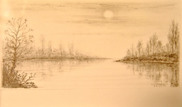 Dessin intitulée "Etang de Boulet." par Christian Biard, Œuvre d'art originale, Graphite