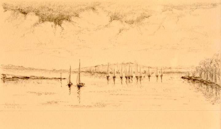 Dessin intitulée "Régate dans le Golf…" par Christian Biard, Œuvre d'art originale, Graphite