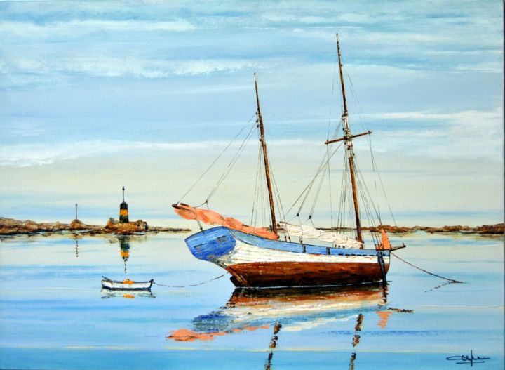 Schilderij getiteld "Brixham trawler dev…" door Christian Biard, Origineel Kunstwerk, Olie